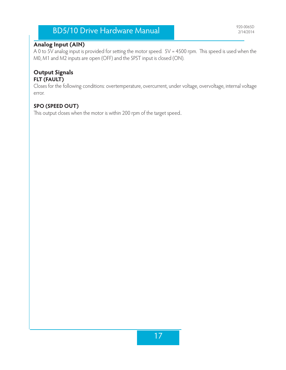 Analog input (ain), Output signals | Applied Motion BD10-H4-AH User Manual | Page 17 / 36