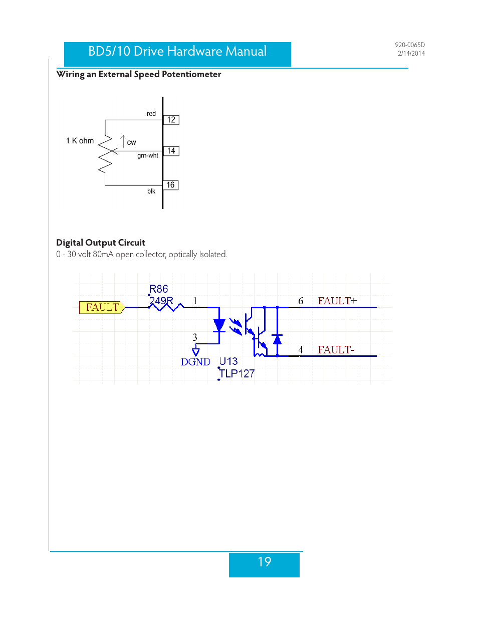 Wiring an external speed potentiometer, Digital output circuit | Applied Motion BD10-H4-AH User Manual | Page 19 / 36