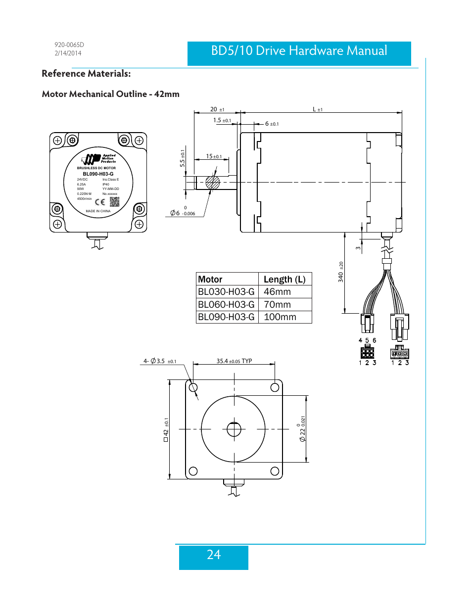 Reference materials, Motor mechanical outline - 42mm | Applied Motion BD10-H4-AH User Manual | Page 24 / 36