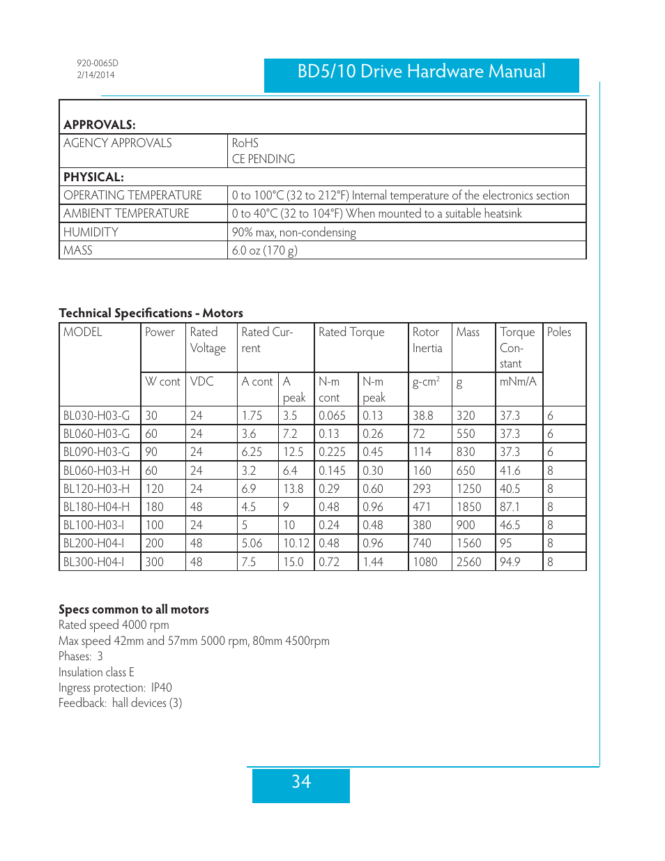 Technical specifications - motors | Applied Motion BD10-H4-AH User Manual | Page 34 / 36