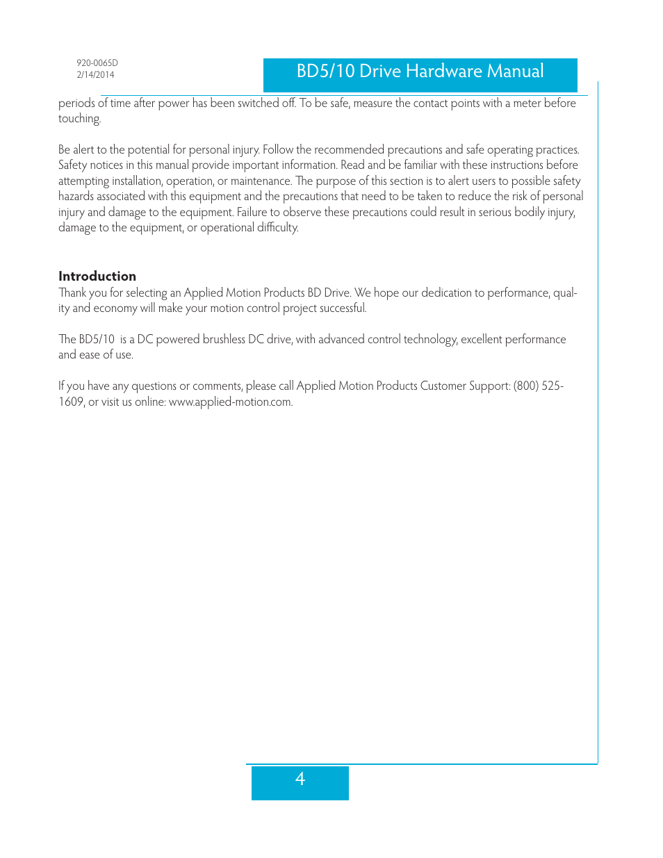 Introduction, 4bd5/10 drive hardware manual | Applied Motion BD10-H4-AH User Manual | Page 4 / 36