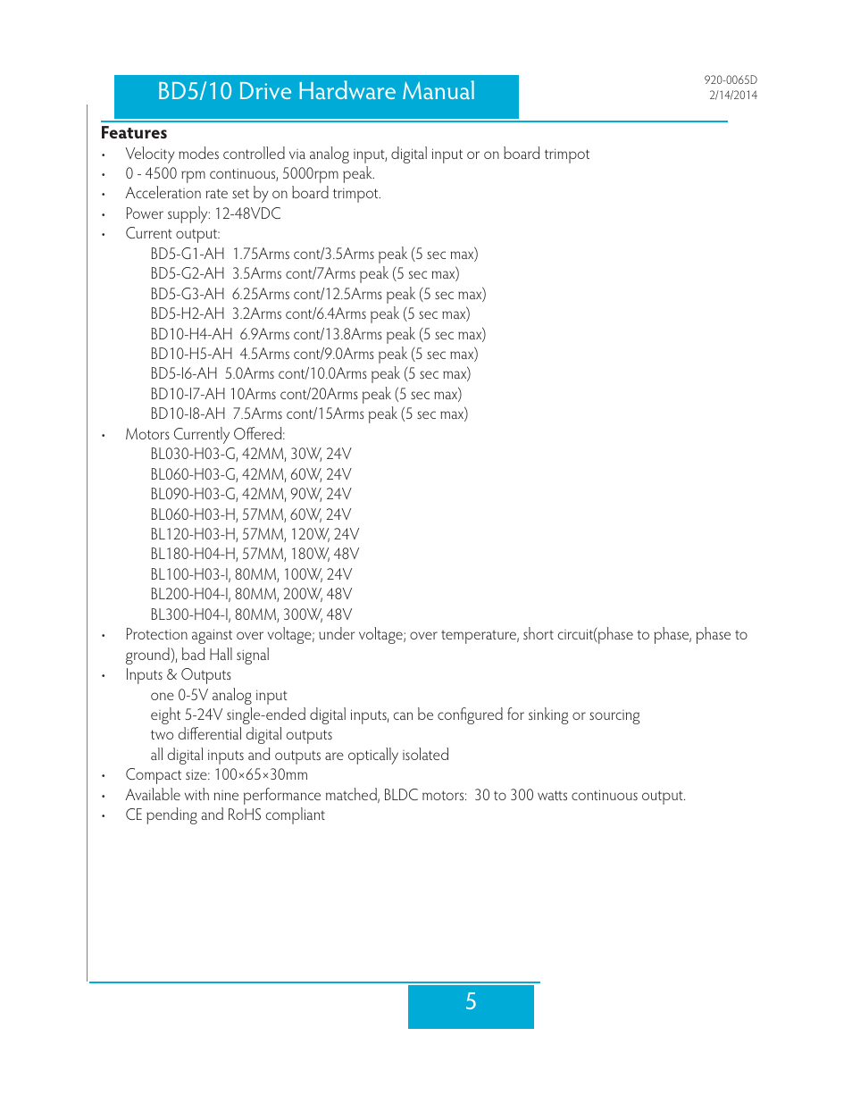 Features, 5bd5/10 drive hardware manual | Applied Motion BD10-H4-AH User Manual | Page 5 / 36