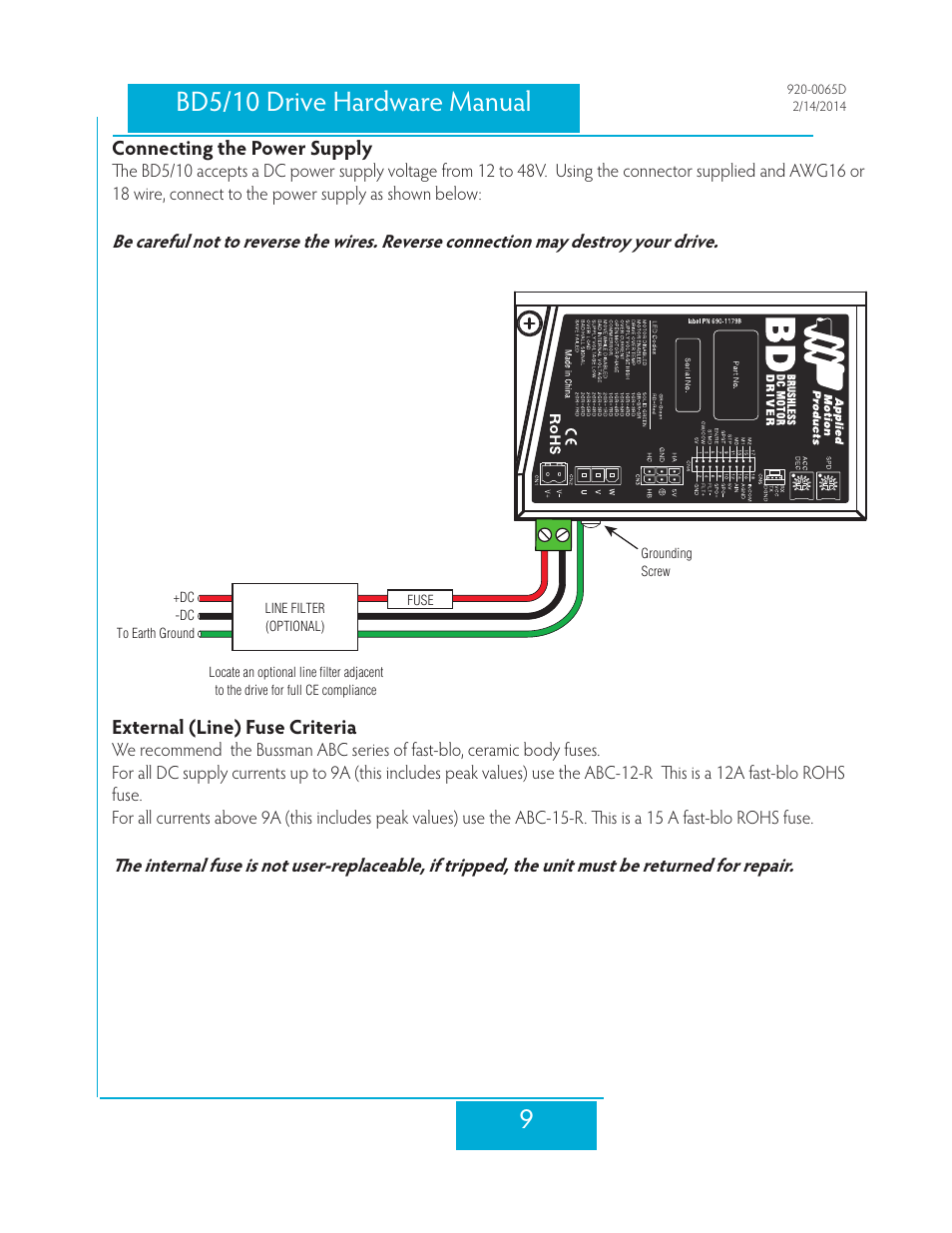 Connecting the power supply, External (line) fuse criteria, 9bd5/10 drive hardware manual | Applied Motion BD10-H4-AH User Manual | Page 9 / 36