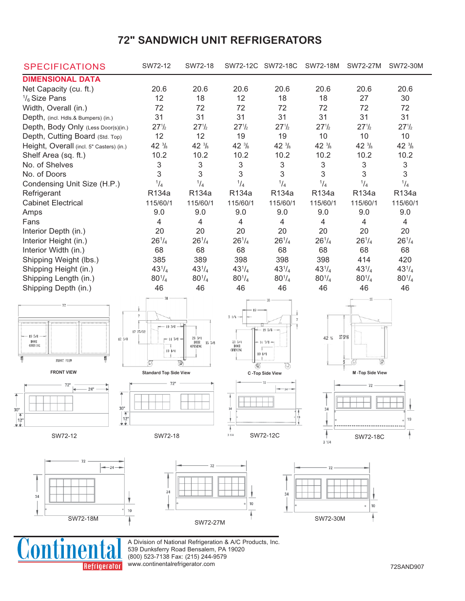 72" sandwich unit refrigerators, Specifications | Continental Refrigerator SW72-12 User Manual | Page 2 / 2