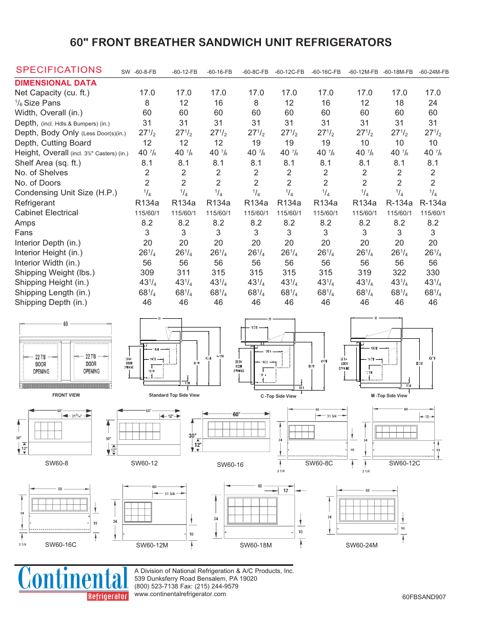 60" front breather sandwich unit refrigerators, Specifications | Continental Refrigerator SW60-8-FB User Manual | Page 2 / 2