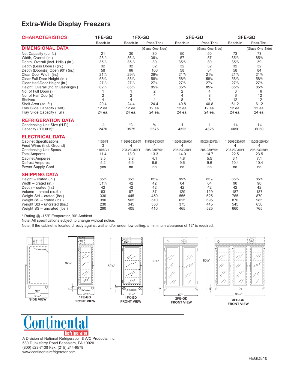 Extra-wide display freezers, Characteristics 1fe-gd 1fx-gd 2fe-gd 3fe-gd, Dimensional data | Refrigeration data, Electrical data, Shipping data, Fegd 810 | Continental Refrigerator 2FE-GD User Manual | Page 2 / 2