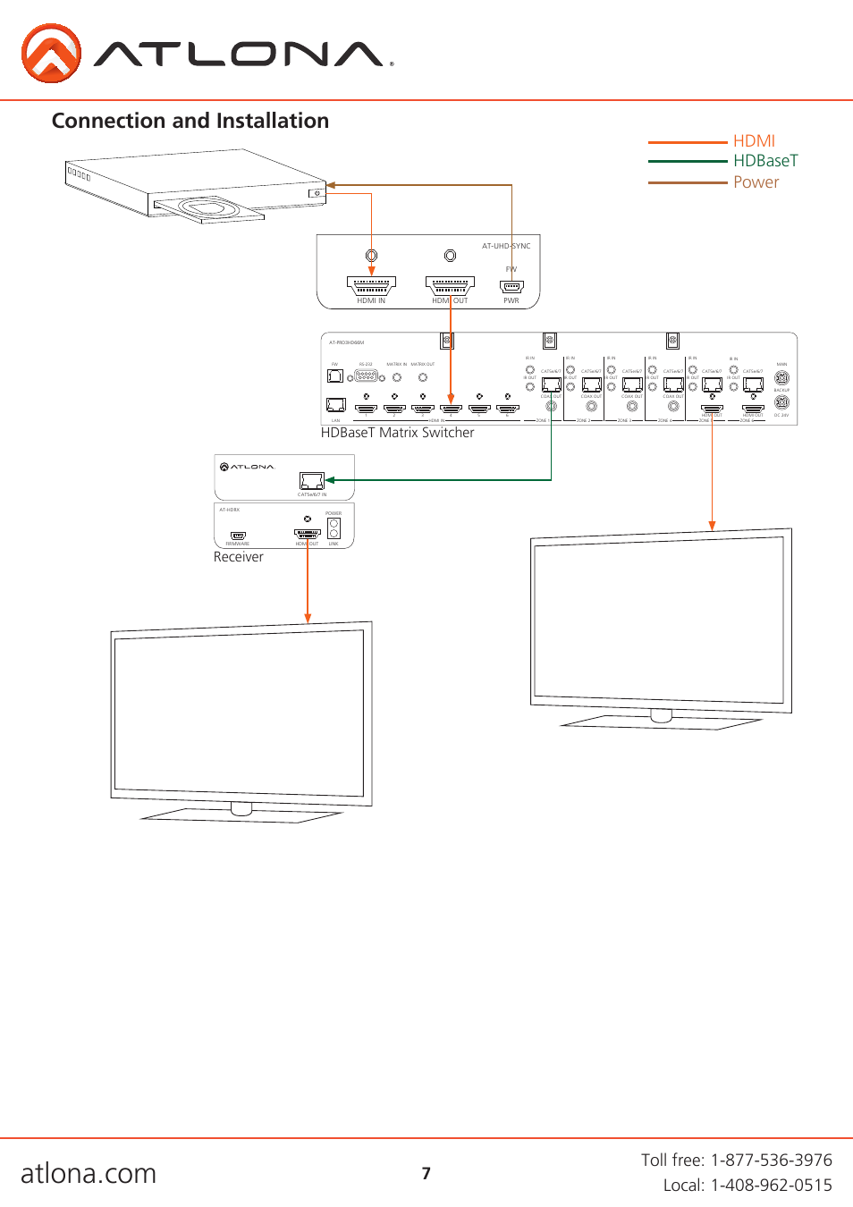 Connection and installation, Hdbaset matrix switcher receiver | Atlona ATUHD SYNC User Manual | Page 7 / 12