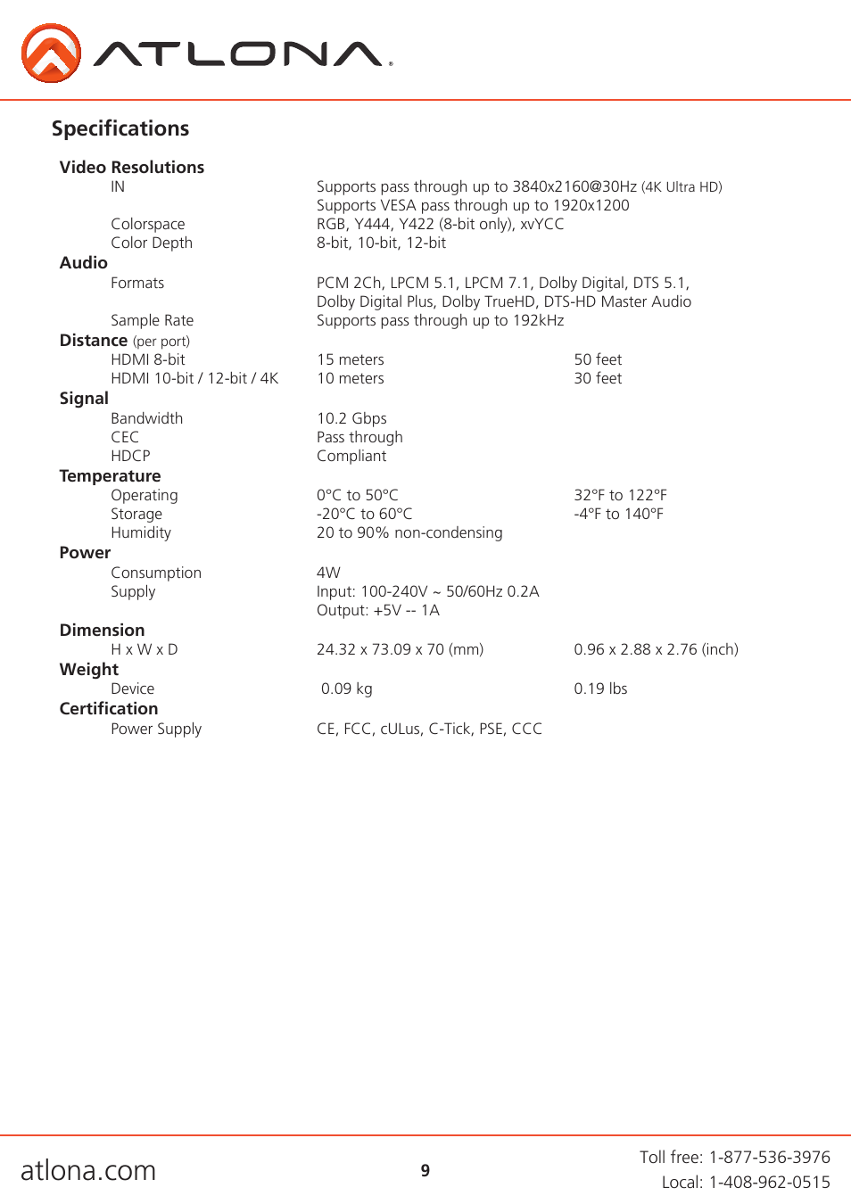 Specifications | Atlona ATUHD SYNC User Manual | Page 9 / 12
