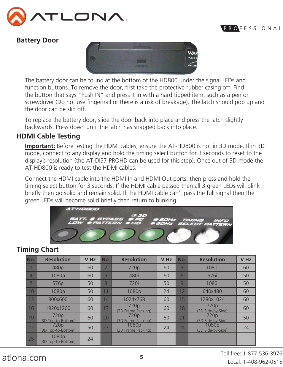 Hdmi cable testing battery door timing chart | Atlona AT HD800 User Manual | Page 5 / 12