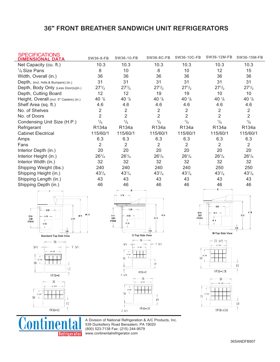 36" front breather sandwich unit refrigerators, Specifications | Continental Refrigerator SW36-8C-FB User Manual | Page 2 / 2