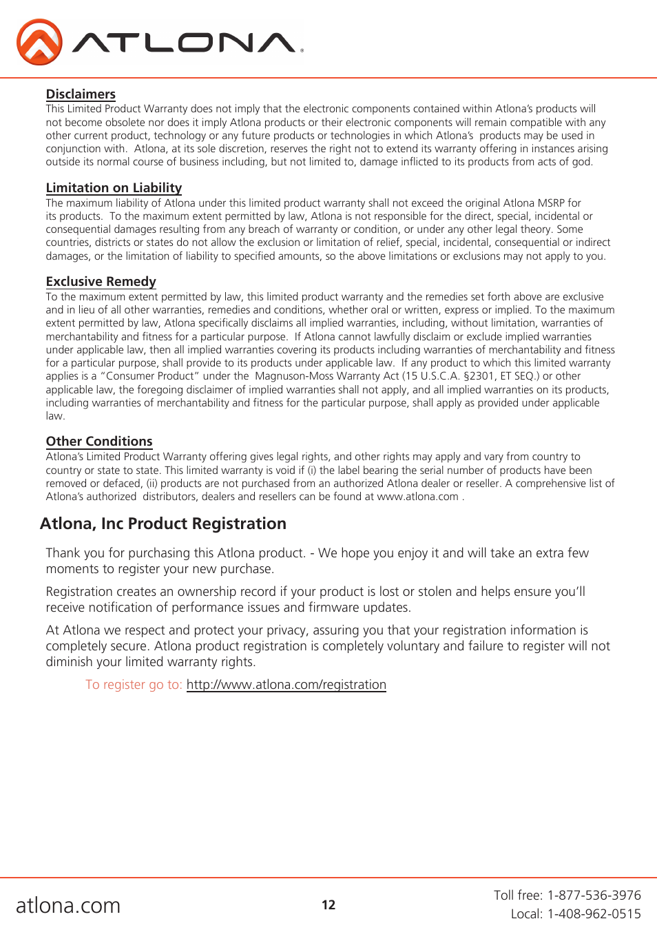 Atlona, inc product registration | Atlona AT HD800 V3 User Manual | Page 12 / 12