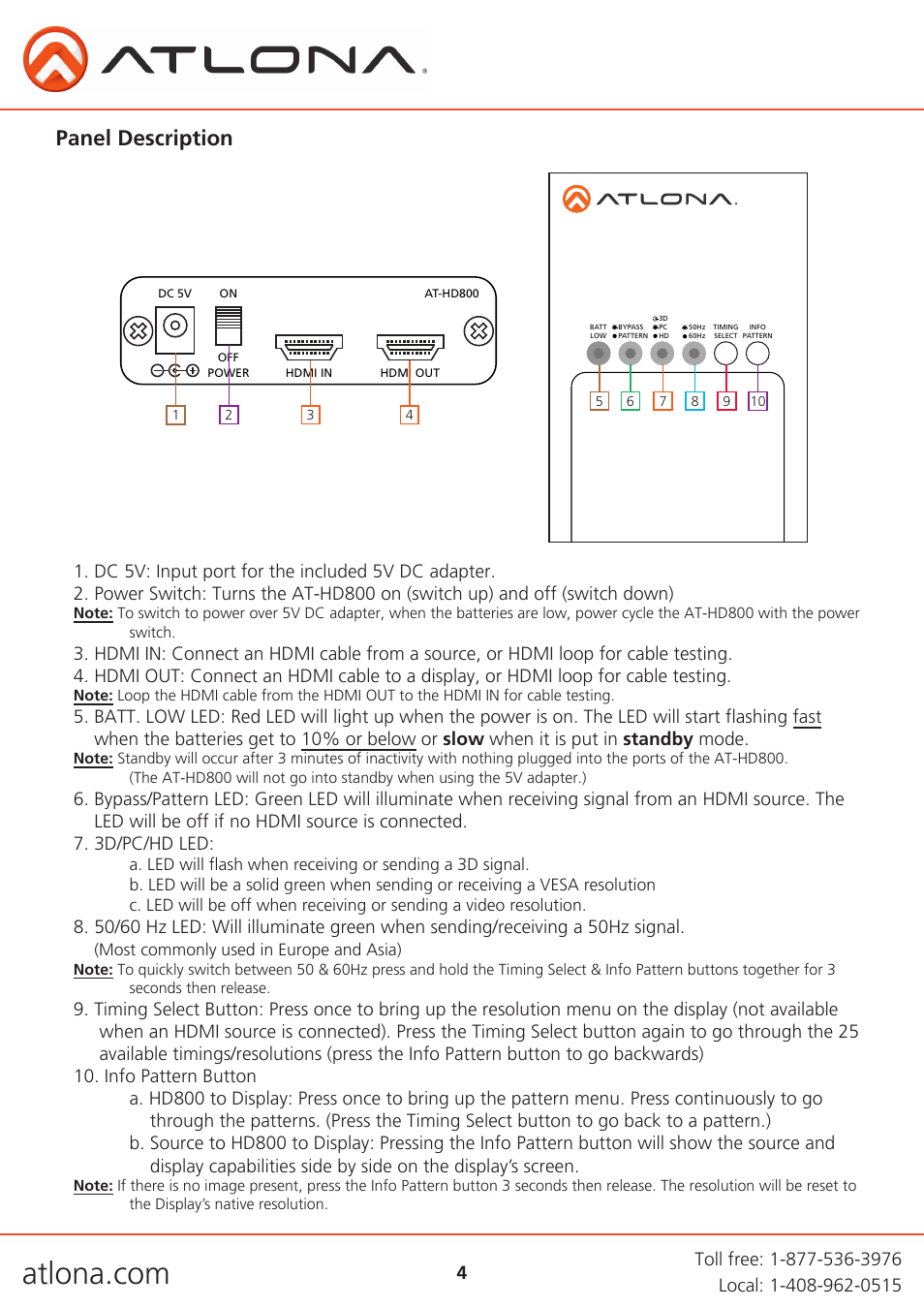 Panel description | Atlona AT HD800 V3 User Manual | Page 4 / 12