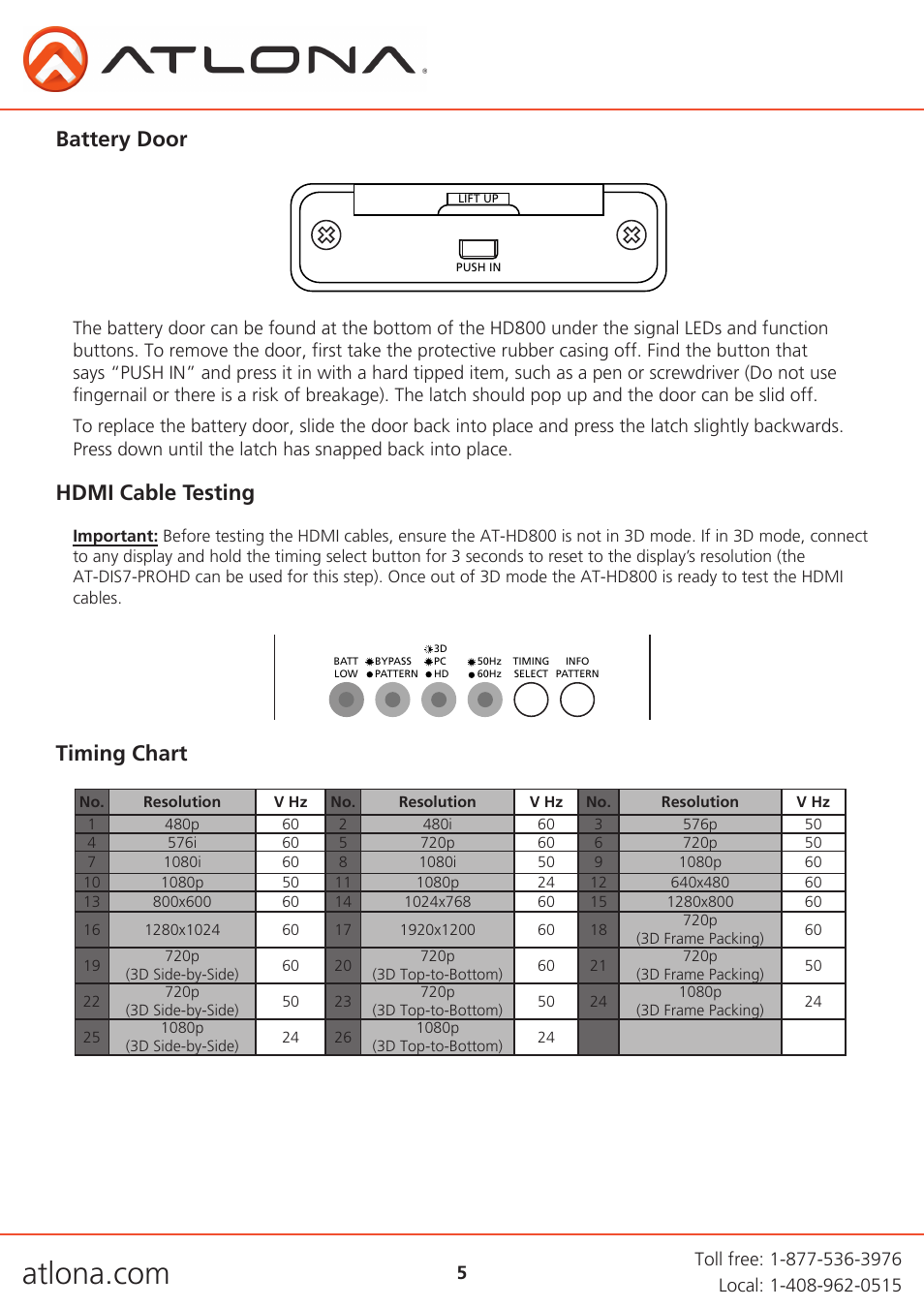 Hdmi cable testing battery door timing chart | Atlona AT HD800 V3 User Manual | Page 5 / 12