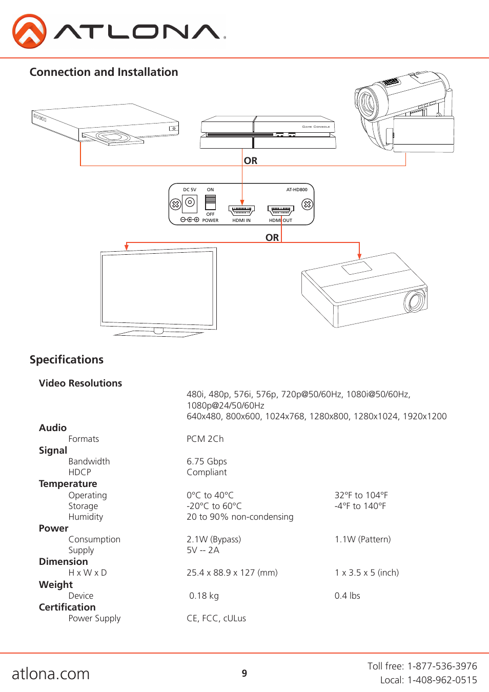 Connection and installation, Specifications | Atlona AT HD800 V3 User Manual | Page 9 / 12