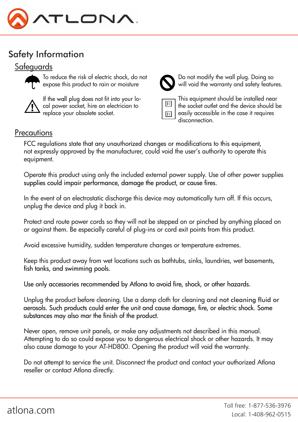 Safety information, Safeguards precautions | Atlona AT HD800 V2 User Manual | Page 11 / 13