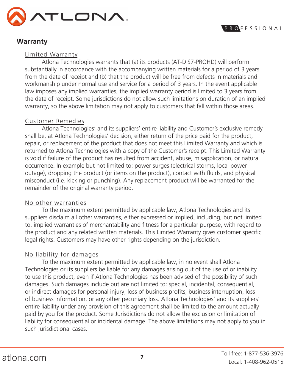 Atlona AT DIS7 PROHD User Manual | Page 7 / 8