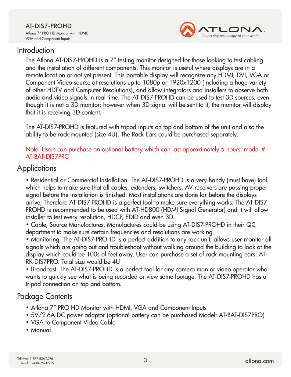 Introduction applications, Package contents | Atlona AT DIS7 PROHD V2 User Manual | Page 3 / 9
