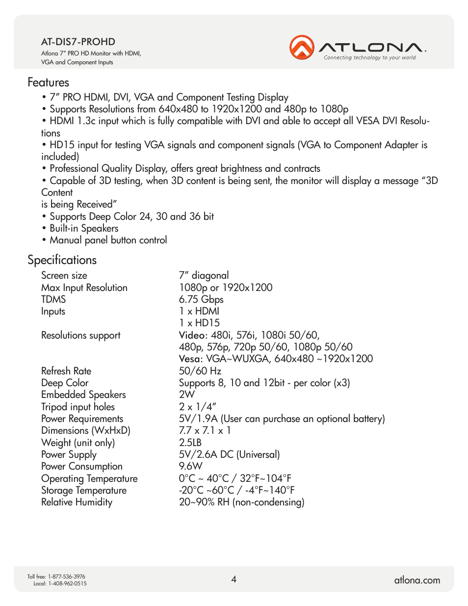 Features, Specifications | Atlona AT DIS7 PROHD V2 User Manual | Page 4 / 9