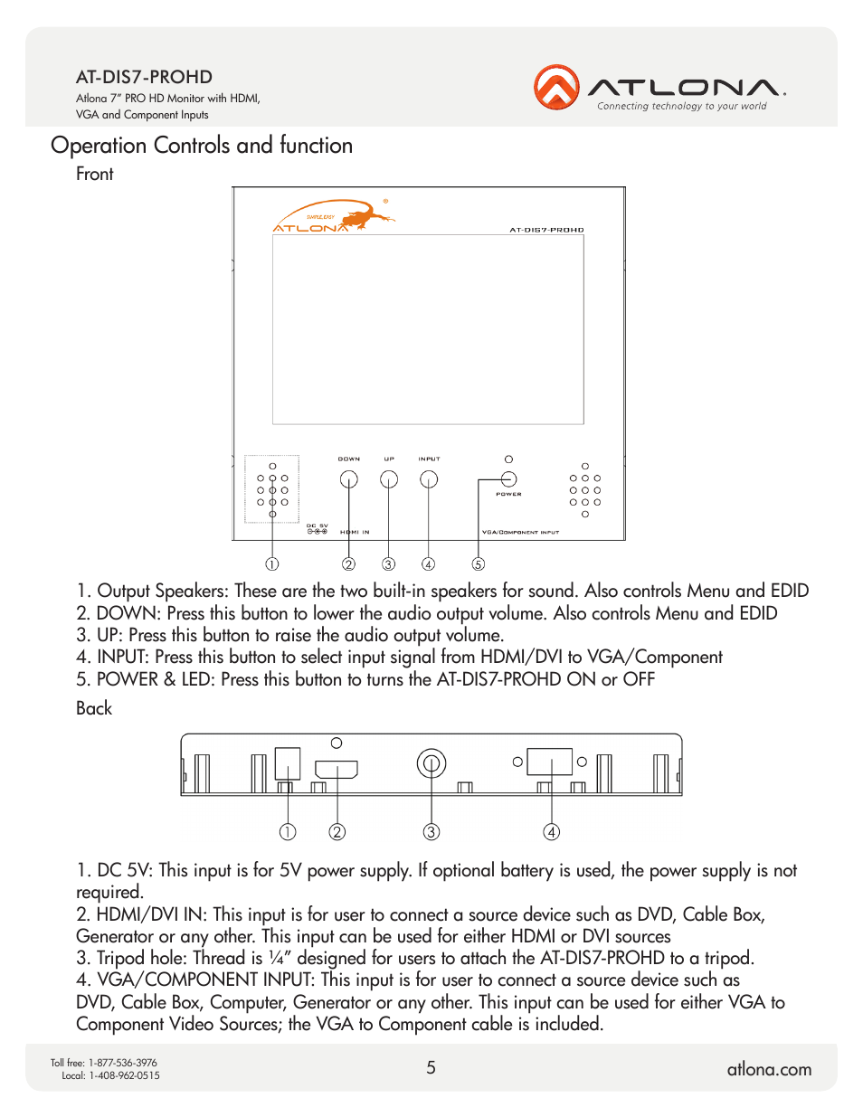 Operation controls and function | Atlona AT DIS7 PROHD V2 User Manual | Page 5 / 9