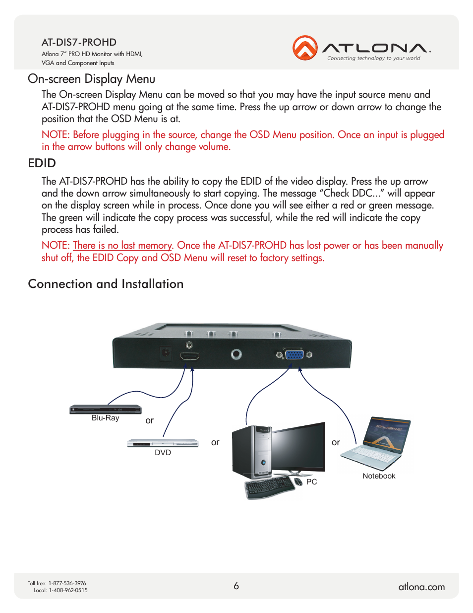 Connection and installation on-screen display menu, Edid | Atlona AT DIS7 PROHD V2 User Manual | Page 6 / 9