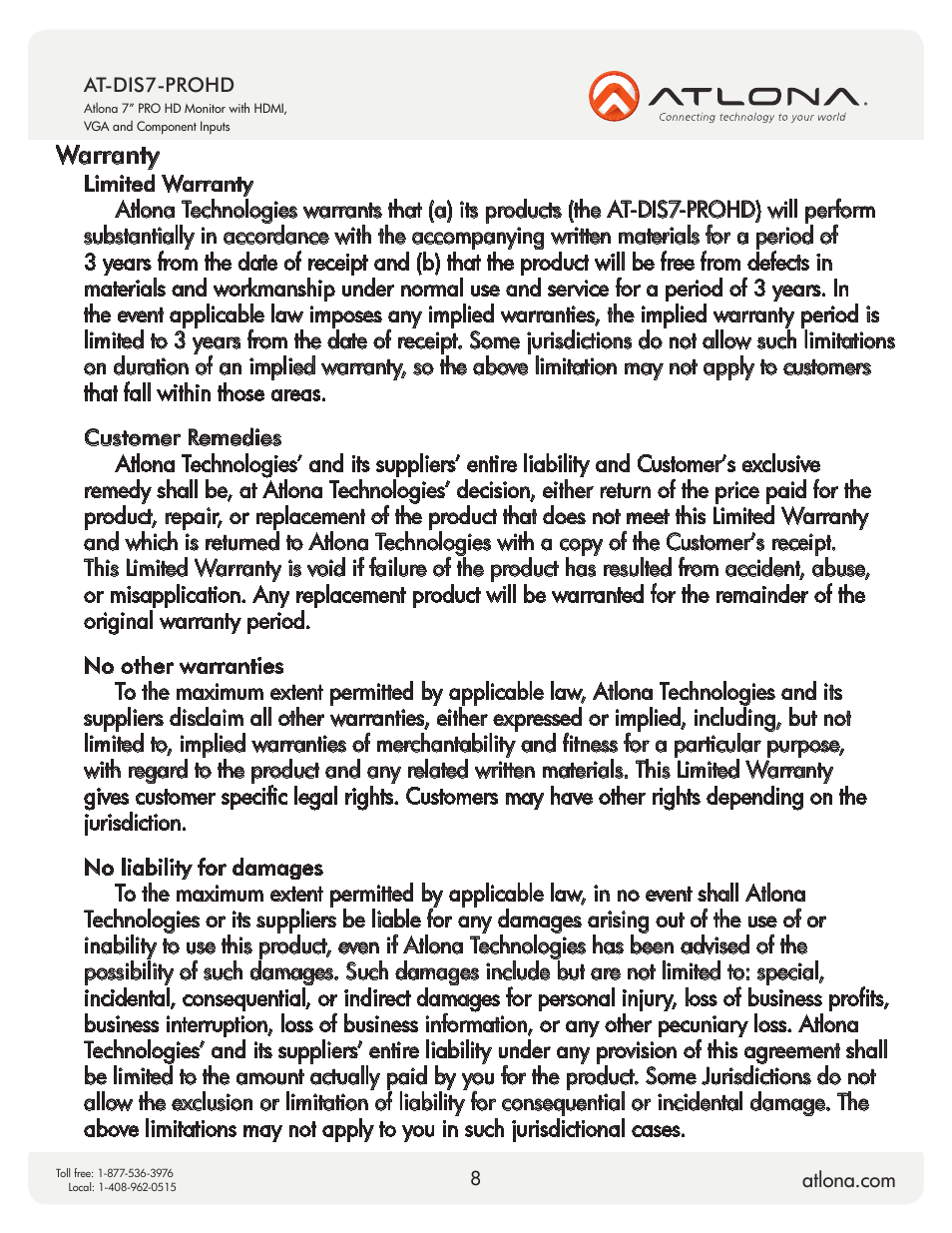Warranty | Atlona AT DIS7 PROHD V2 User Manual | Page 8 / 9