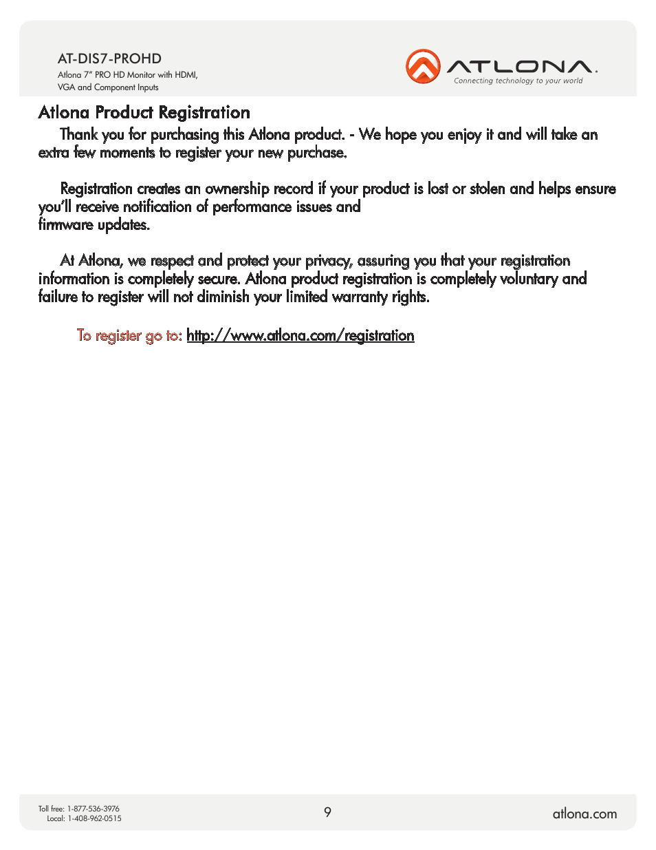 Atlona product registration | Atlona AT DIS7 PROHD V2 User Manual | Page 9 / 9