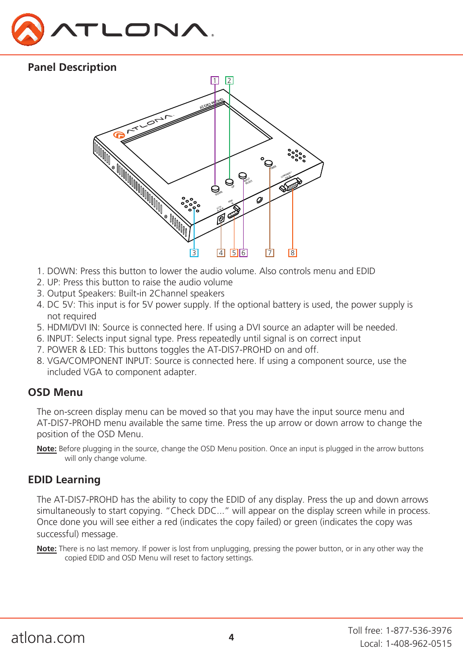 Panel description osd menu edid learning | Atlona AT DIS7 PROHD V2 User Manual | Page 4 / 8