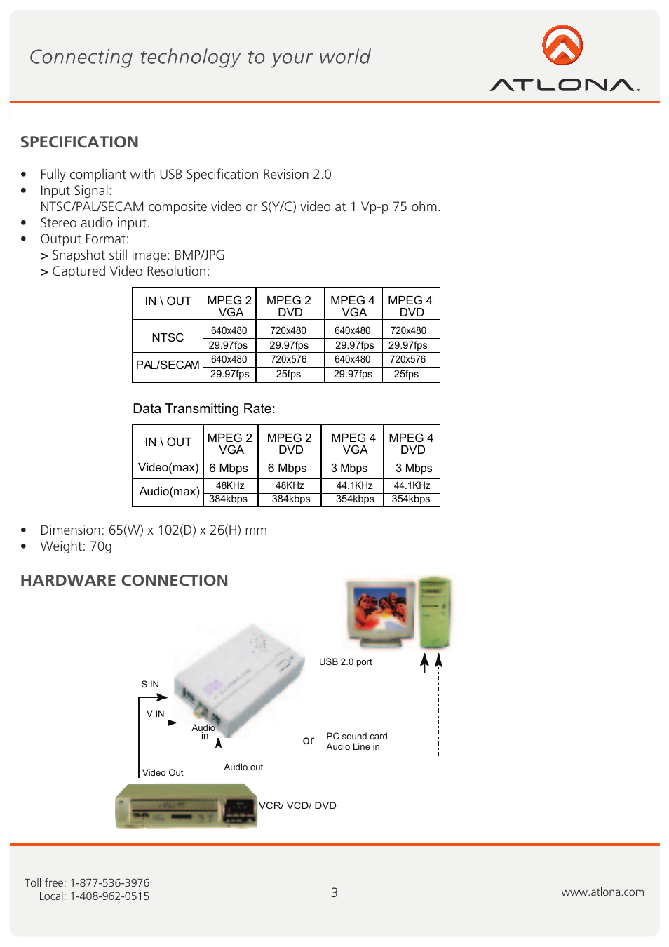 Specification hardware connection, Data transmitting rate | Atlona USB 202 User Manual | Page 3 / 26