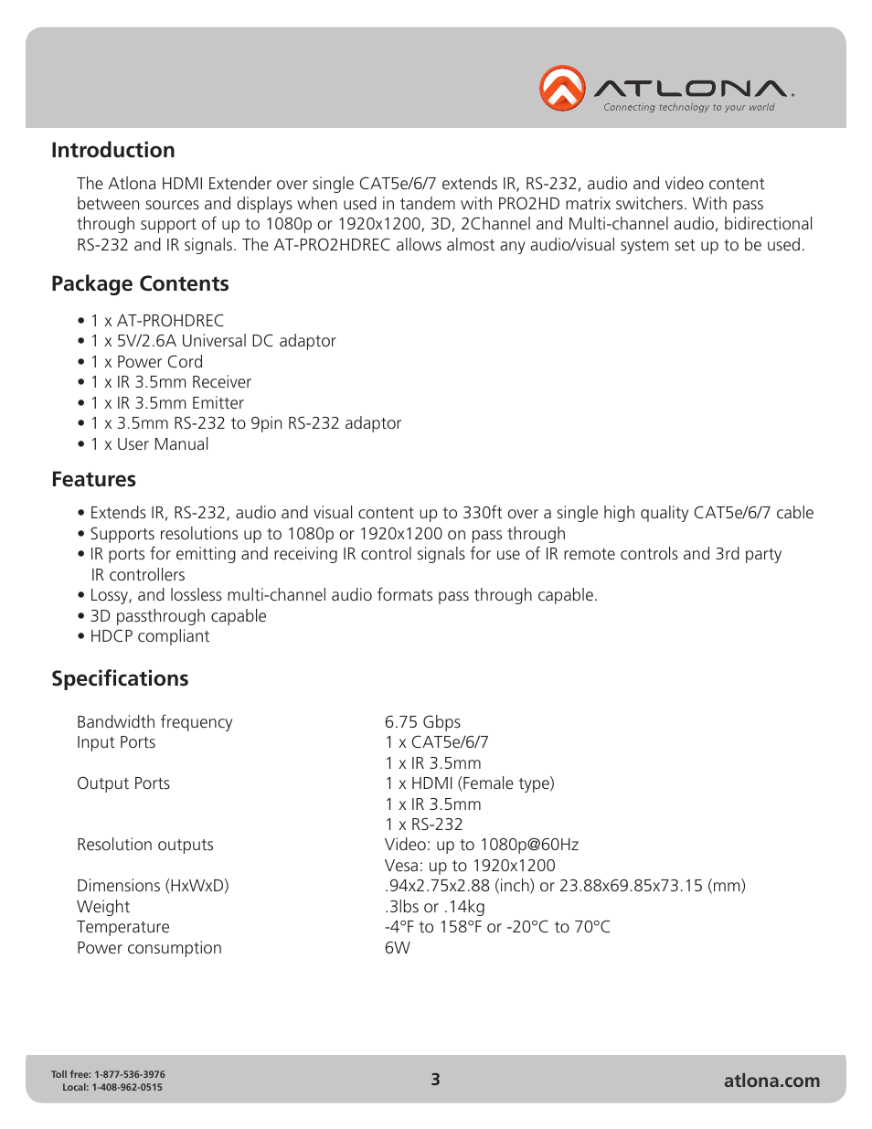 Introduction, Package contents features, Specifications | Atlona PRO2HDREC User Manual | Page 3 / 8