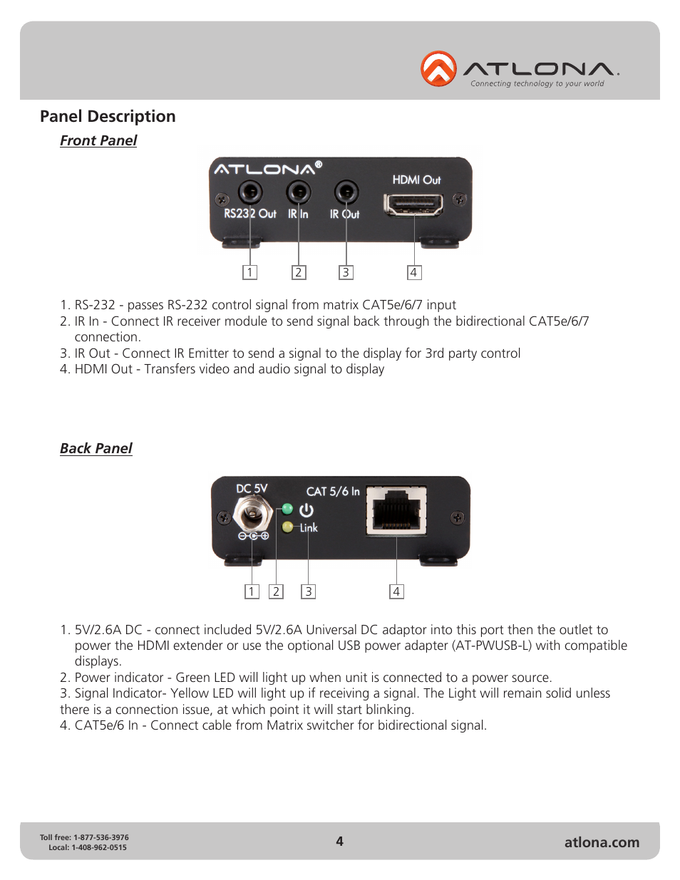 Panel description | Atlona PRO2HDREC User Manual | Page 4 / 8