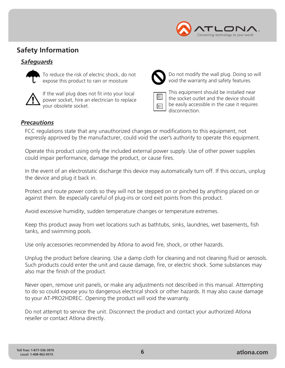 Safety information | Atlona PRO2HDREC User Manual | Page 6 / 8