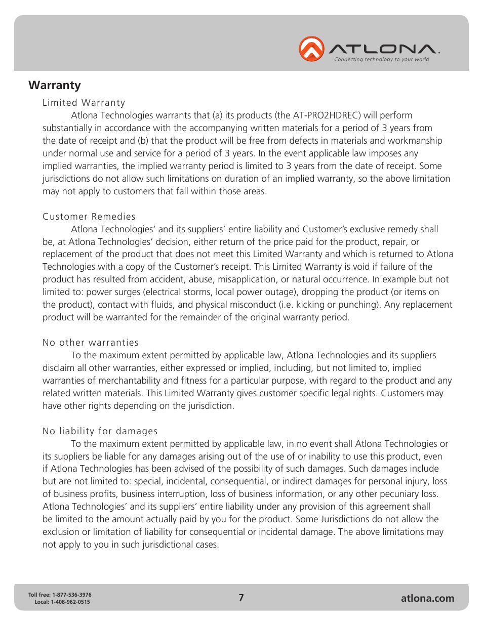 Warranty | Atlona PRO2HDREC User Manual | Page 7 / 8