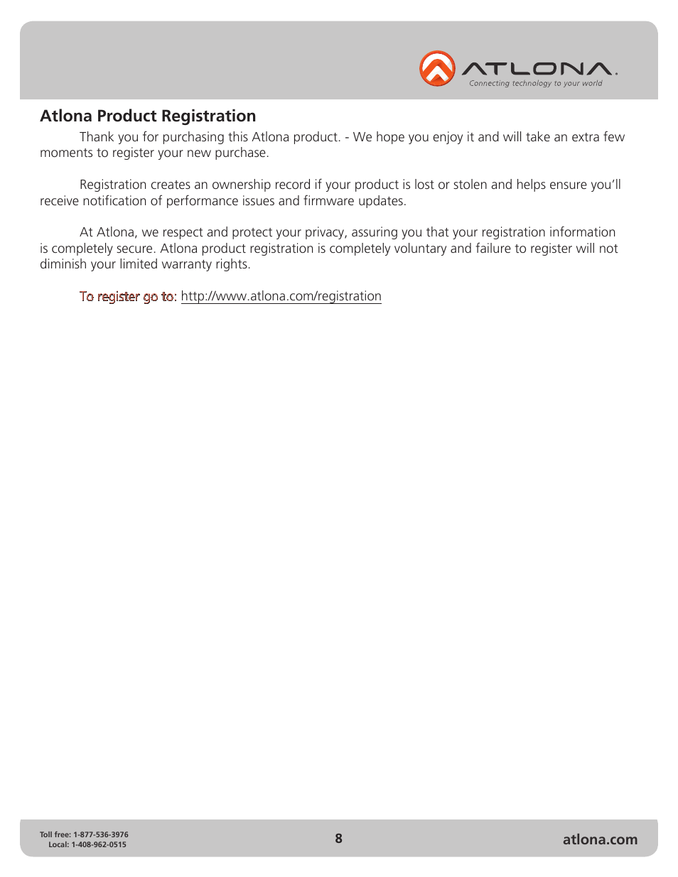 Atlona product registration | Atlona PRO2HDREC User Manual | Page 8 / 8