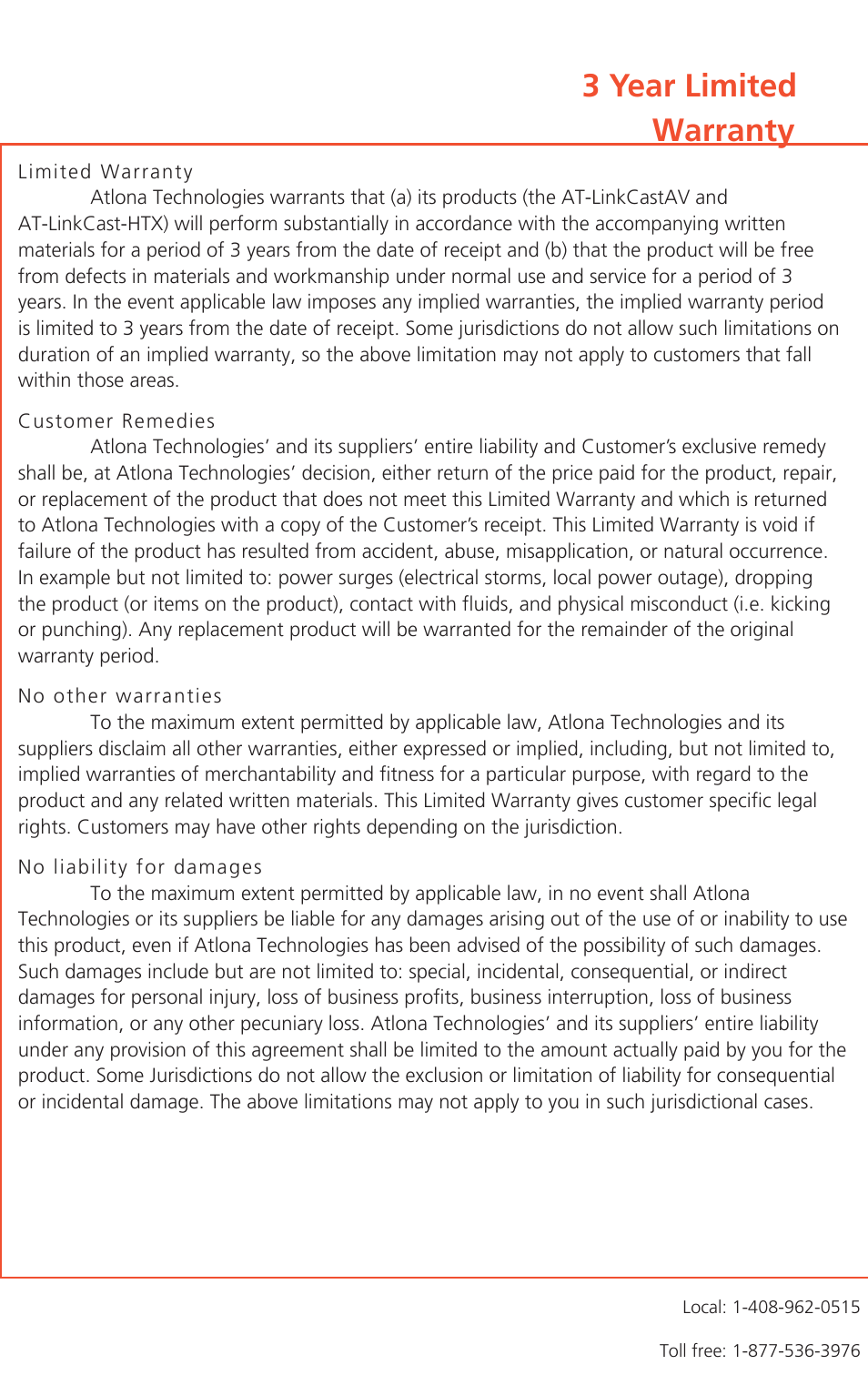 3 year limited warranty | Atlona Lc2 User Manual | Page 12 / 12