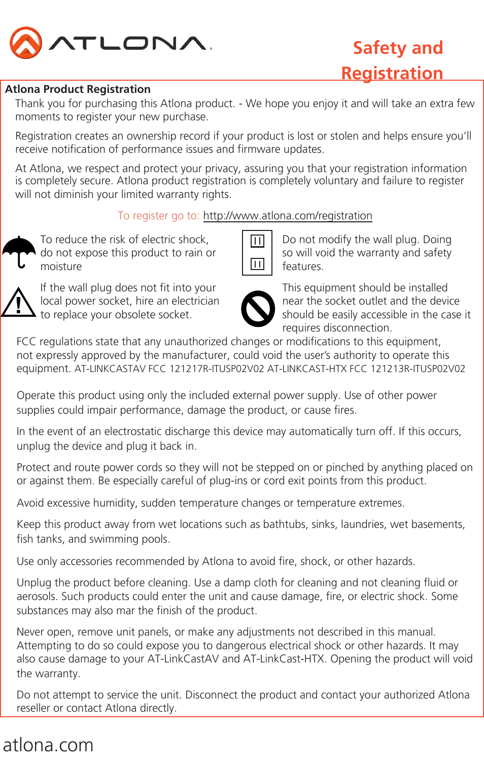 Atlona linkcast wireless hd audio/video system, At-linkcastav & at-linkcast-htx, Safety and registration | Atlona Lc2 User Manual | Page 2 / 12