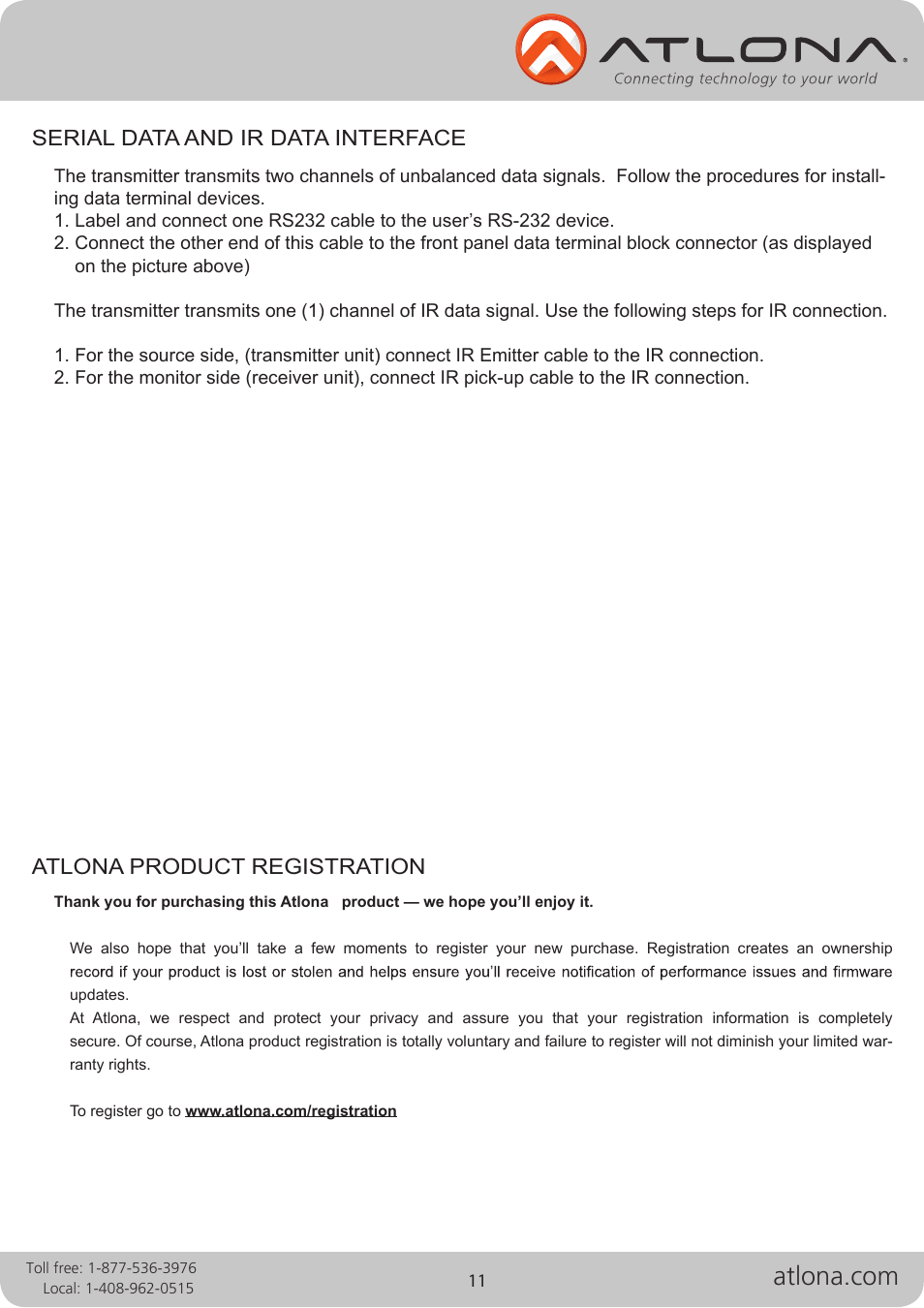 Atlona product registration, Serial data and ir data interface | Atlona Fiber User Manual | Page 11 / 13