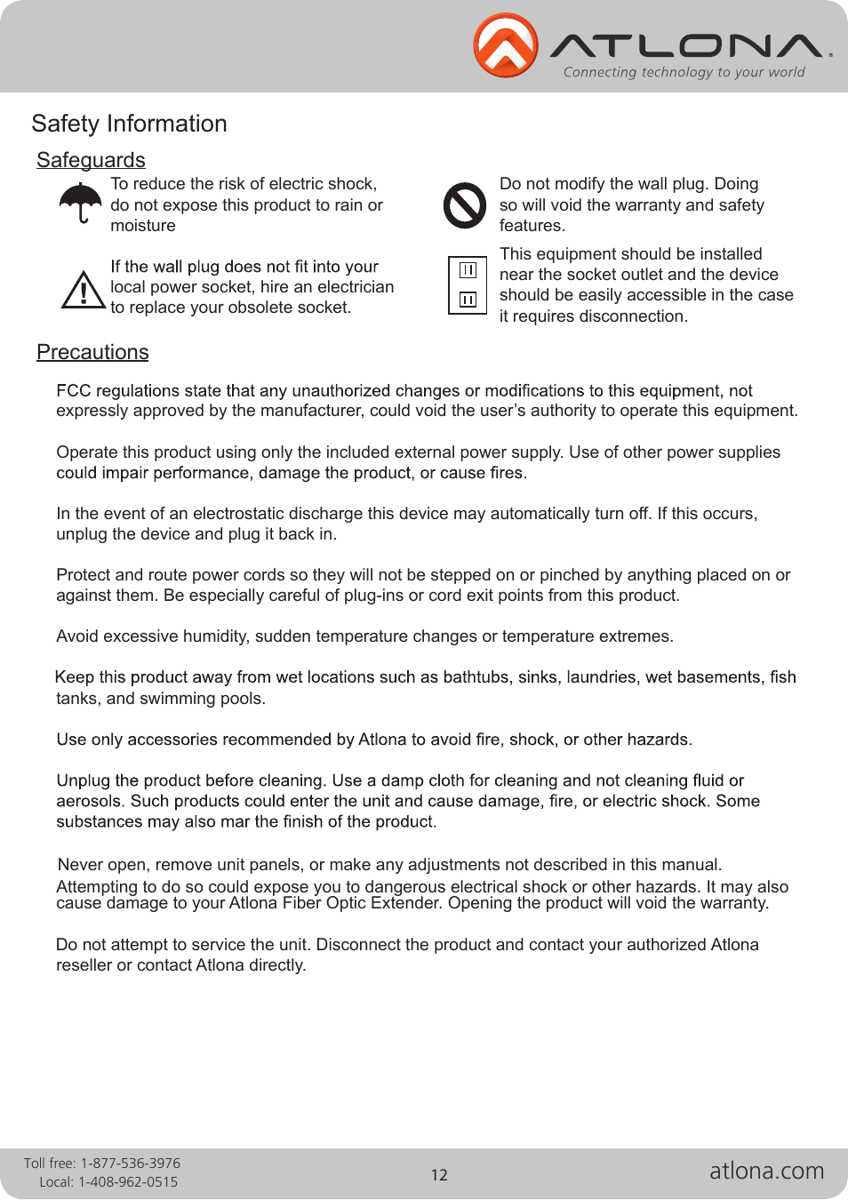 Safety information, Safeguards precautions | Atlona Fiber User Manual | Page 12 / 13