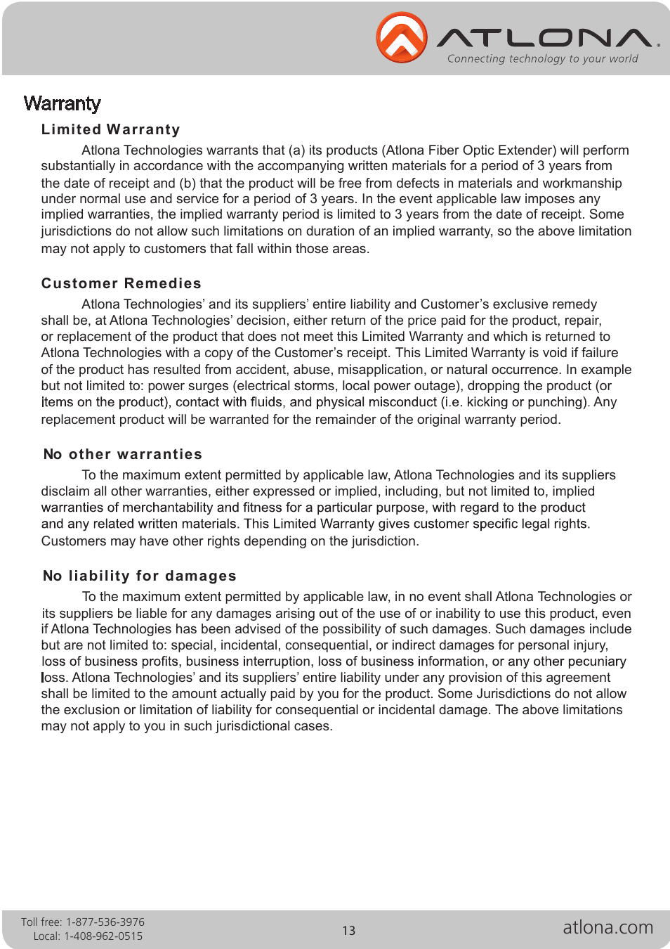 Warranty | Atlona Fiber User Manual | Page 13 / 13