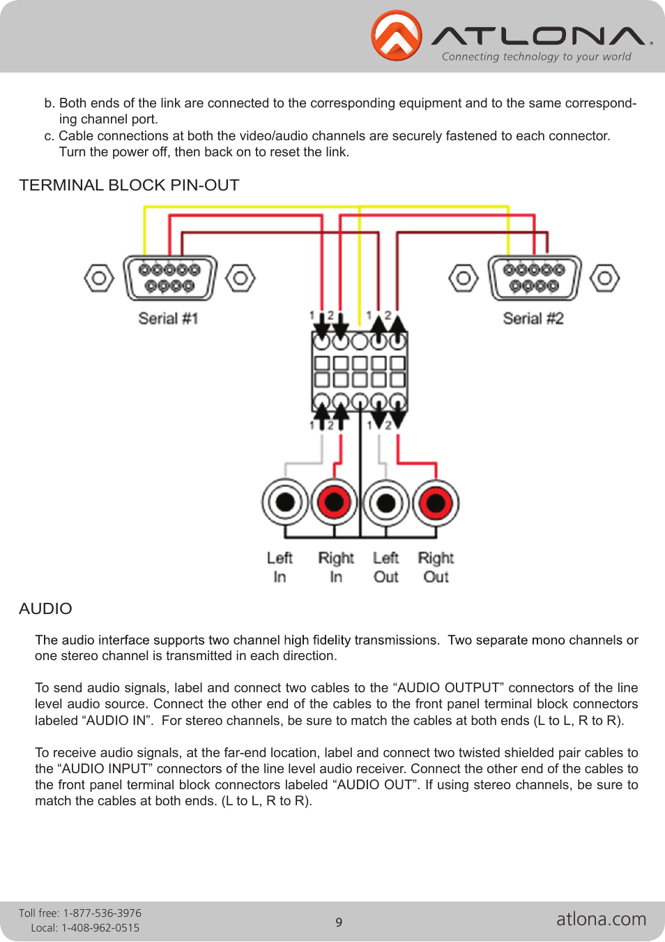Terminal block pin-out, Audio | Atlona Fiber User Manual | Page 9 / 13