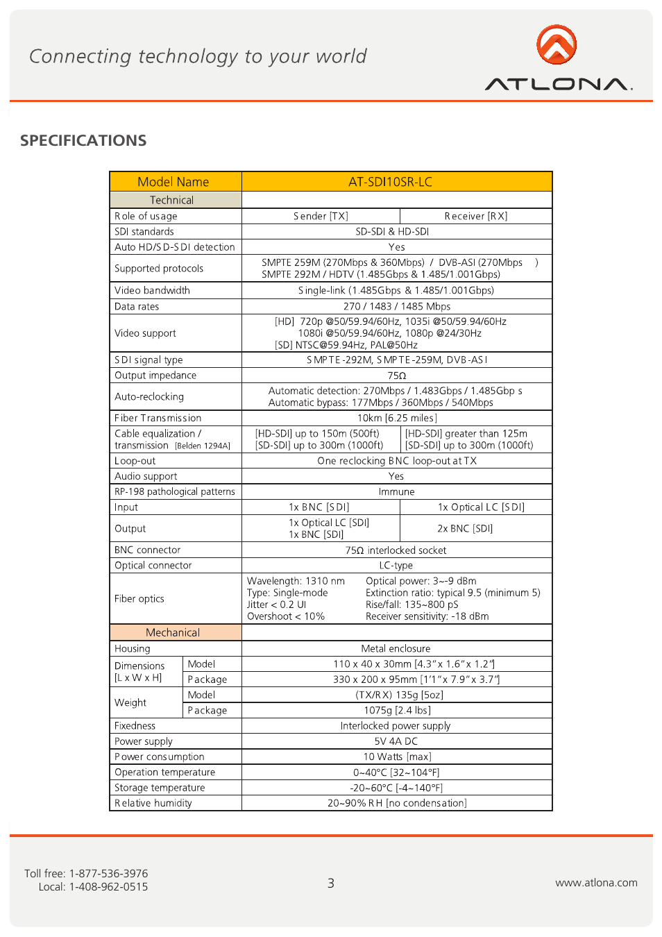 Specifications | Atlona ATSDI10SR LC User Manual | Page 4 / 8