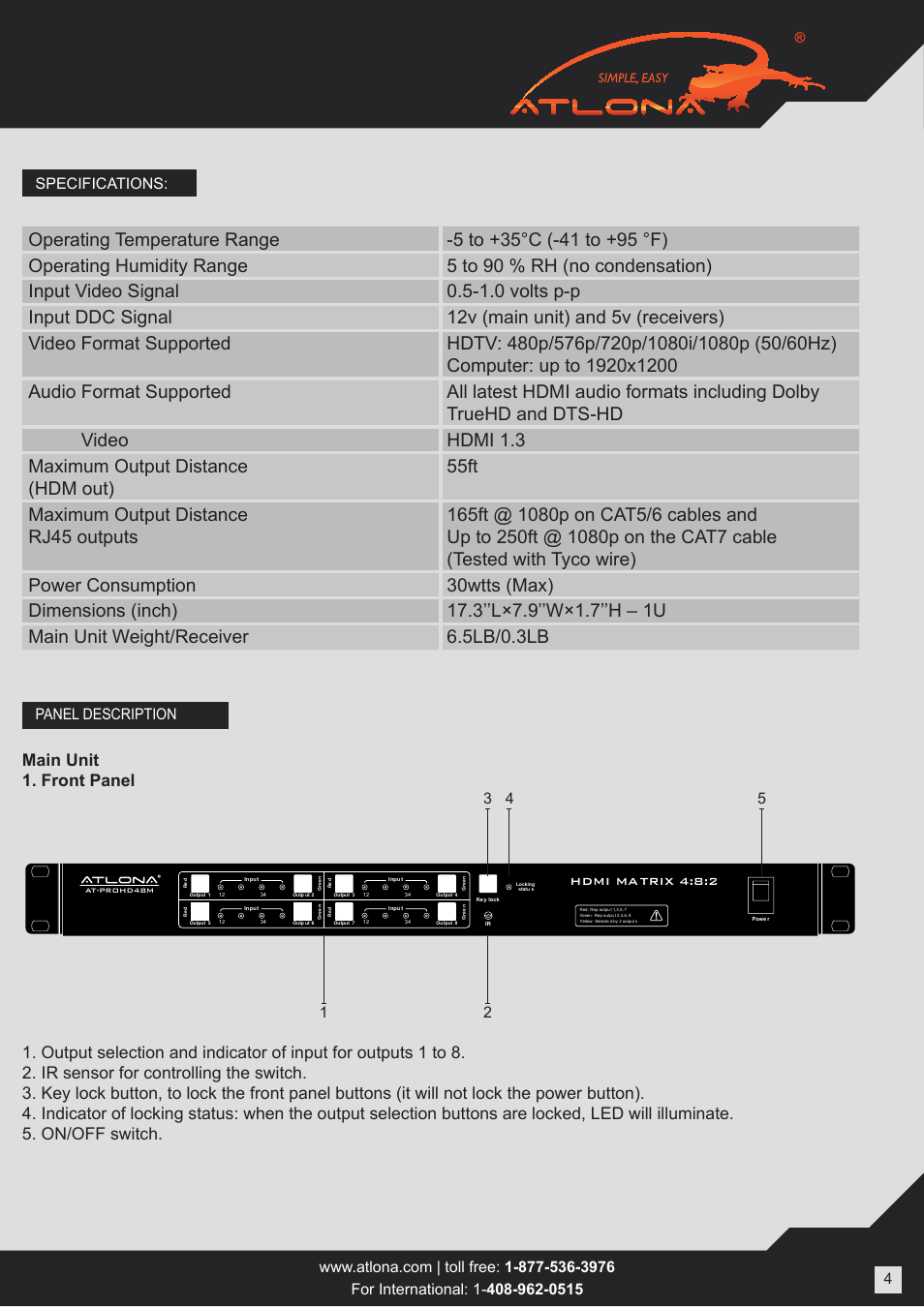 Specifications | Atlona ATPROHD48M SR User Manual | Page 4 / 13