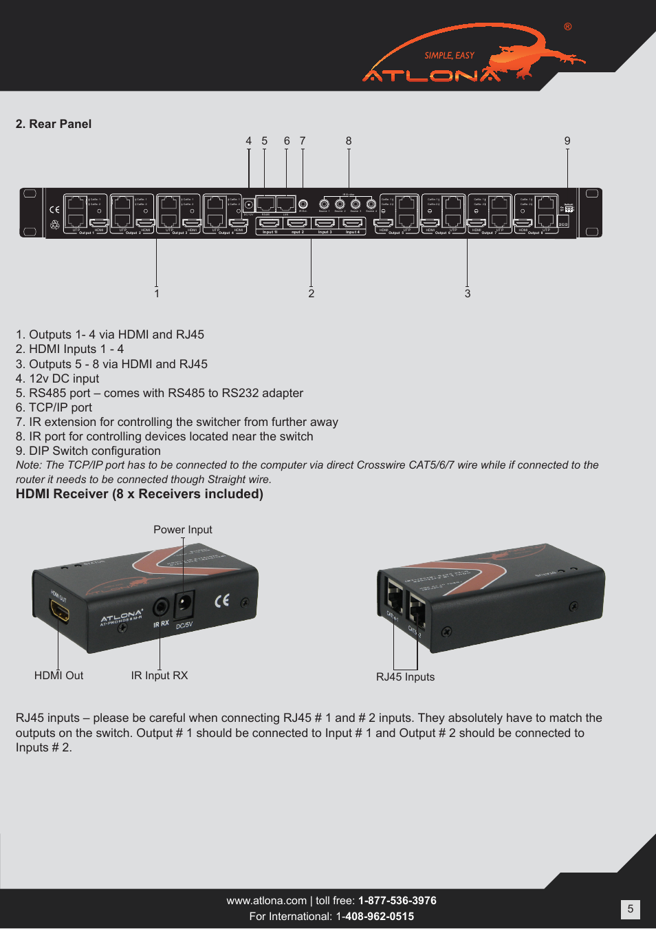 Hdmi receiver (8 x receivers included), Rj45 inputs ir input rx power input hdmi out | Atlona ATPROHD48M SR User Manual | Page 5 / 13