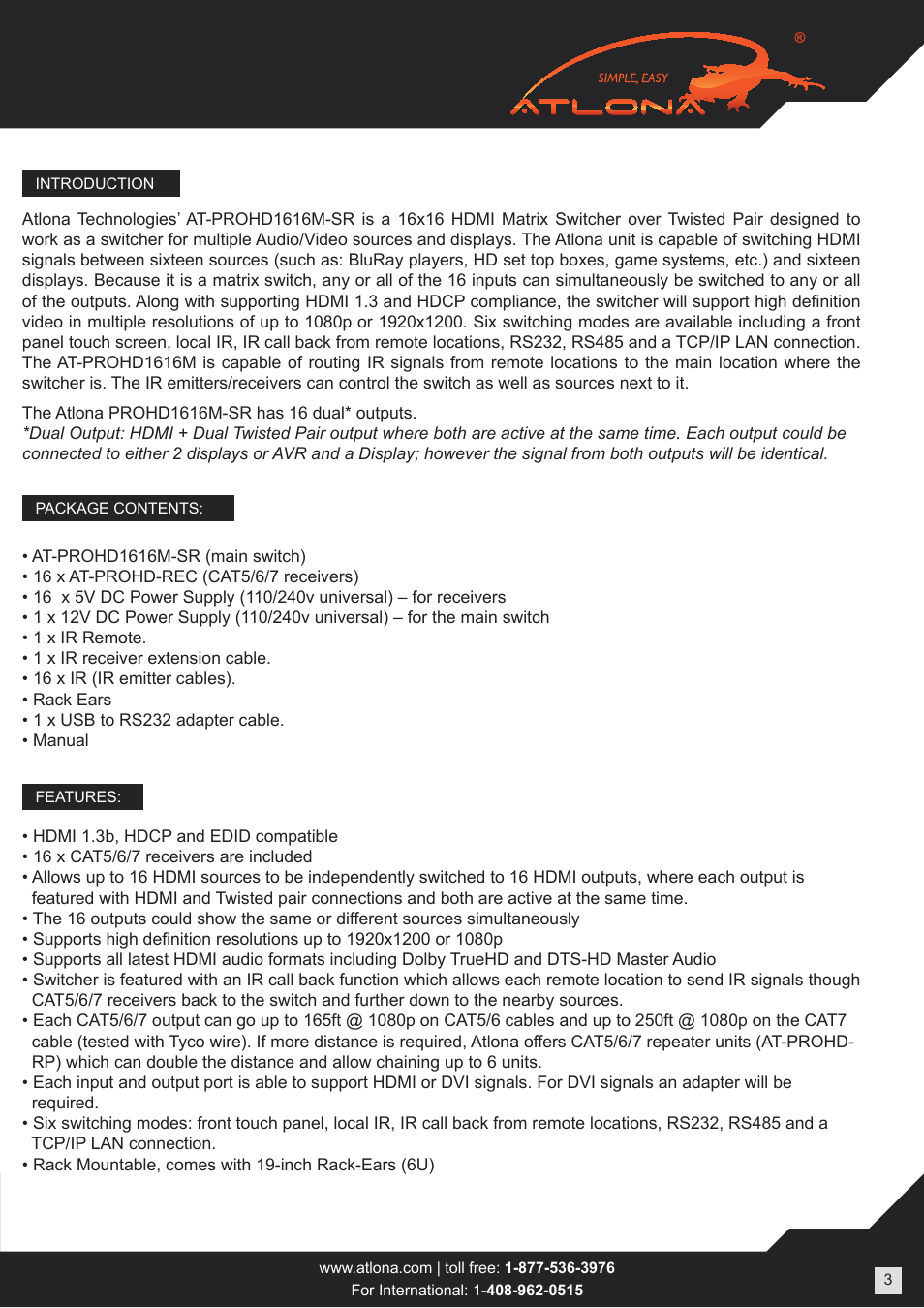 Atlona ATPROHD1616M SR User Manual | Page 3 / 16