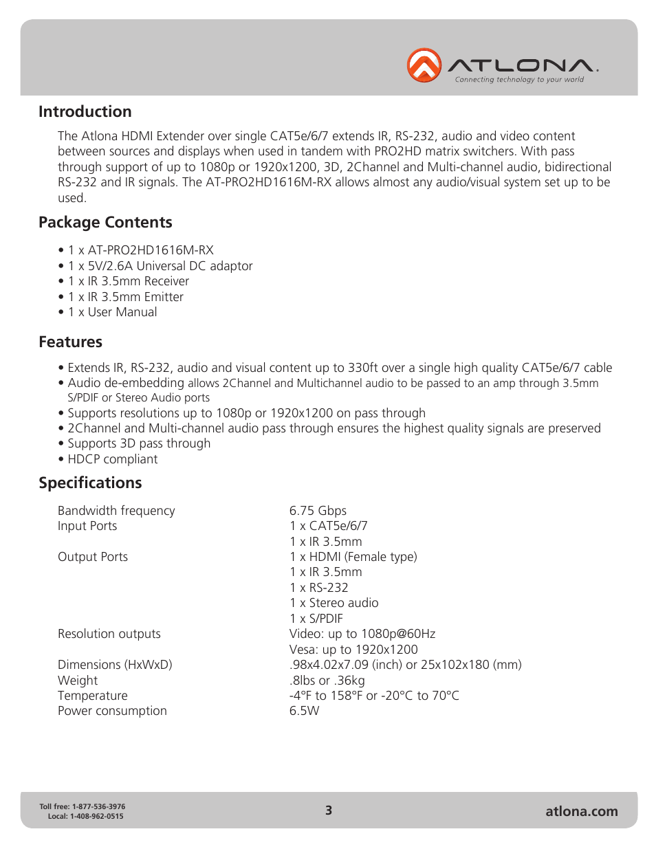 Introduction, Package contents features, Specifications | Atlona ATPRO2HD1616M RX User Manual | Page 3 / 8