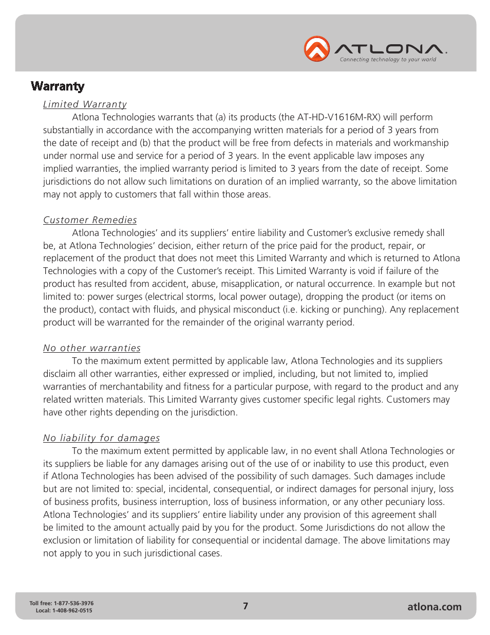 Warranty | Atlona ATPRO2HD1616M RX User Manual | Page 7 / 8