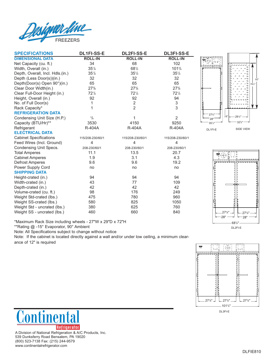 Freezers, Specifications dl1fi-ss-e dl2fi-ss-e dl3fi-ss-e | Continental Refrigerator Designer Line DL1FI-SS-E User Manual | Page 2 / 2