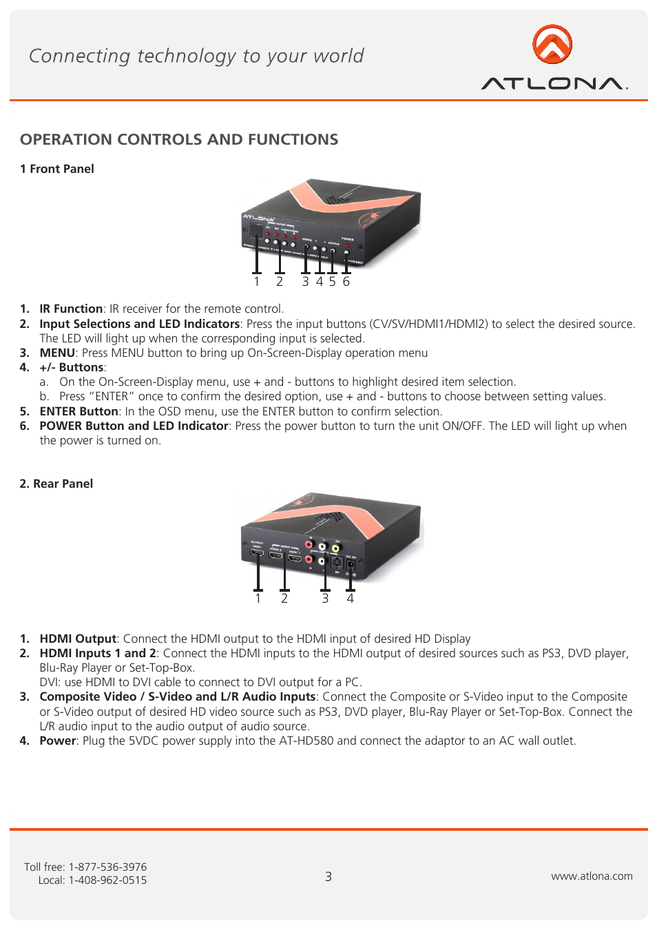 Operation controls and functions | Atlona ATHD580 User Manual | Page 4 / 9