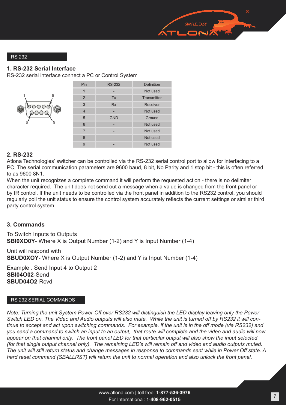 Rs-232 serial interface, Rs-232 | Atlona ATHD V42M User Manual | Page 7 / 12