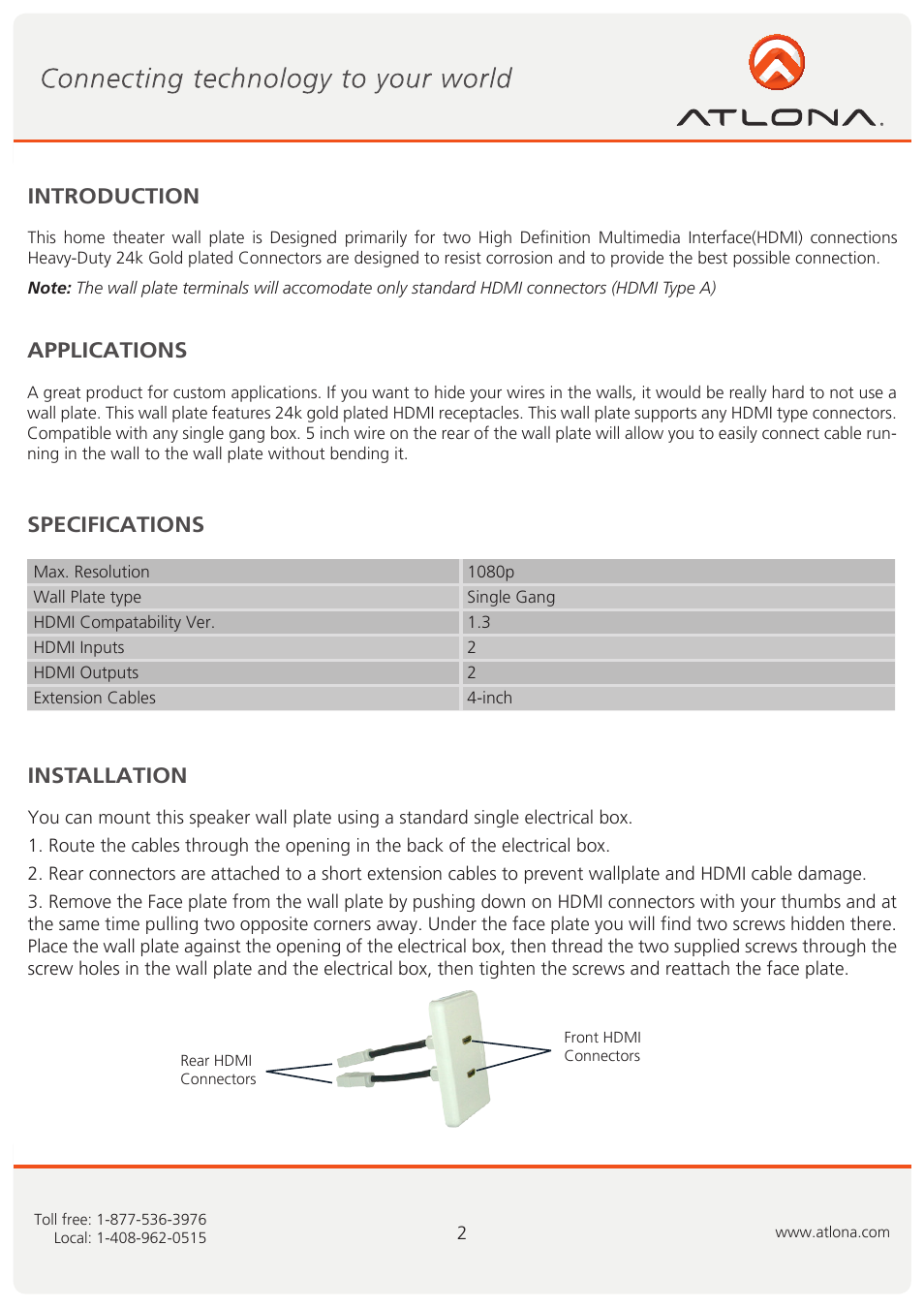 Introduction applications, Specifications installation | Atlona AT80HDMI 2 User Manual | Page 3 / 6