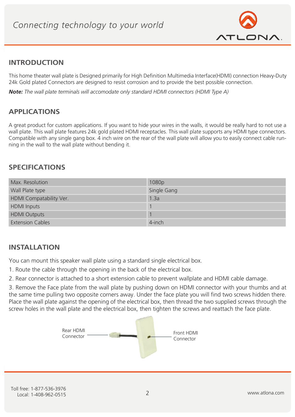 Introduction applications, Specifications installation | Atlona AT80HDMI 1 User Manual | Page 3 / 6